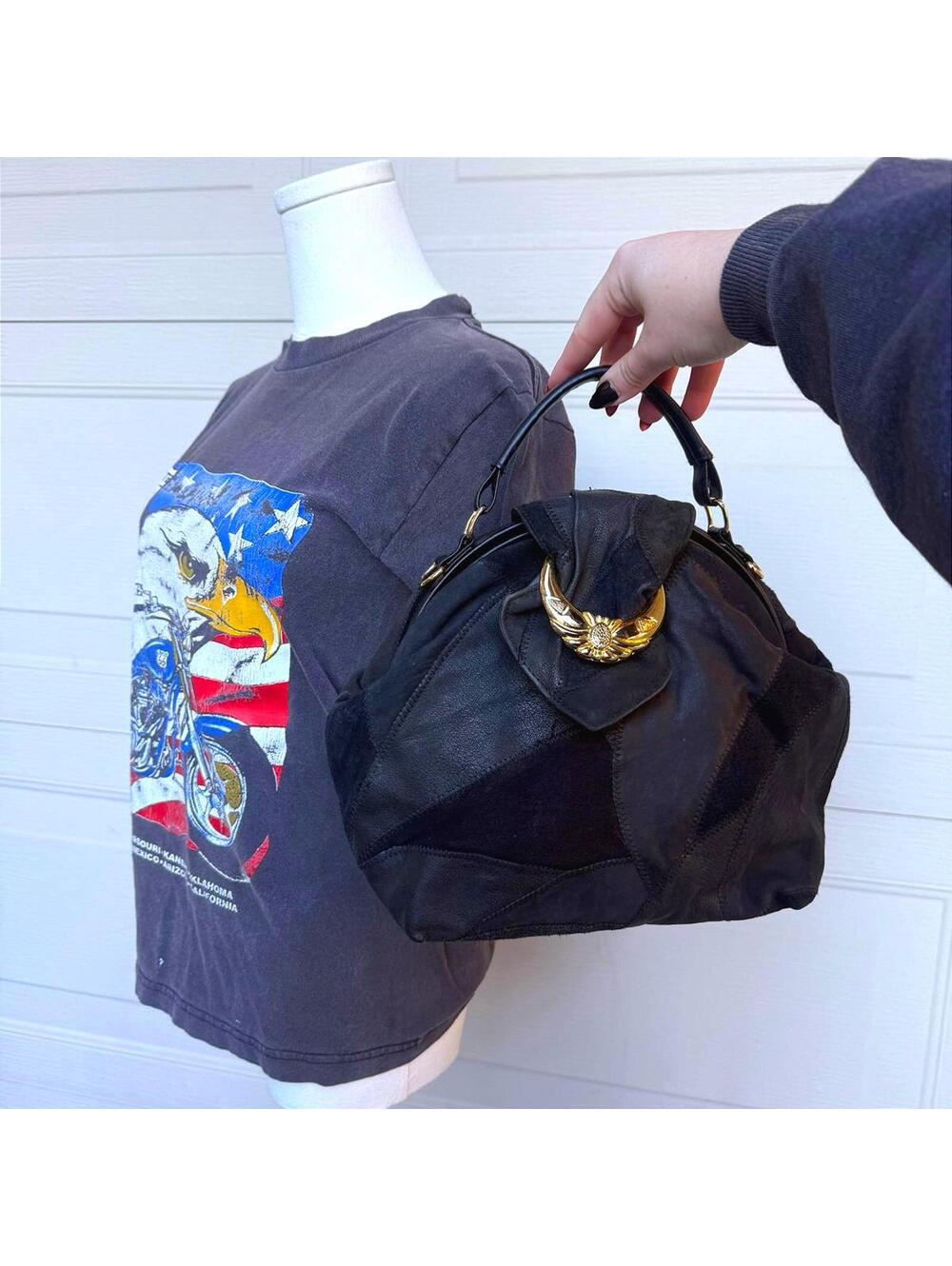 Y2K Black Leather & Suede Patchwork Hobo Bag w/ Gold Emblem